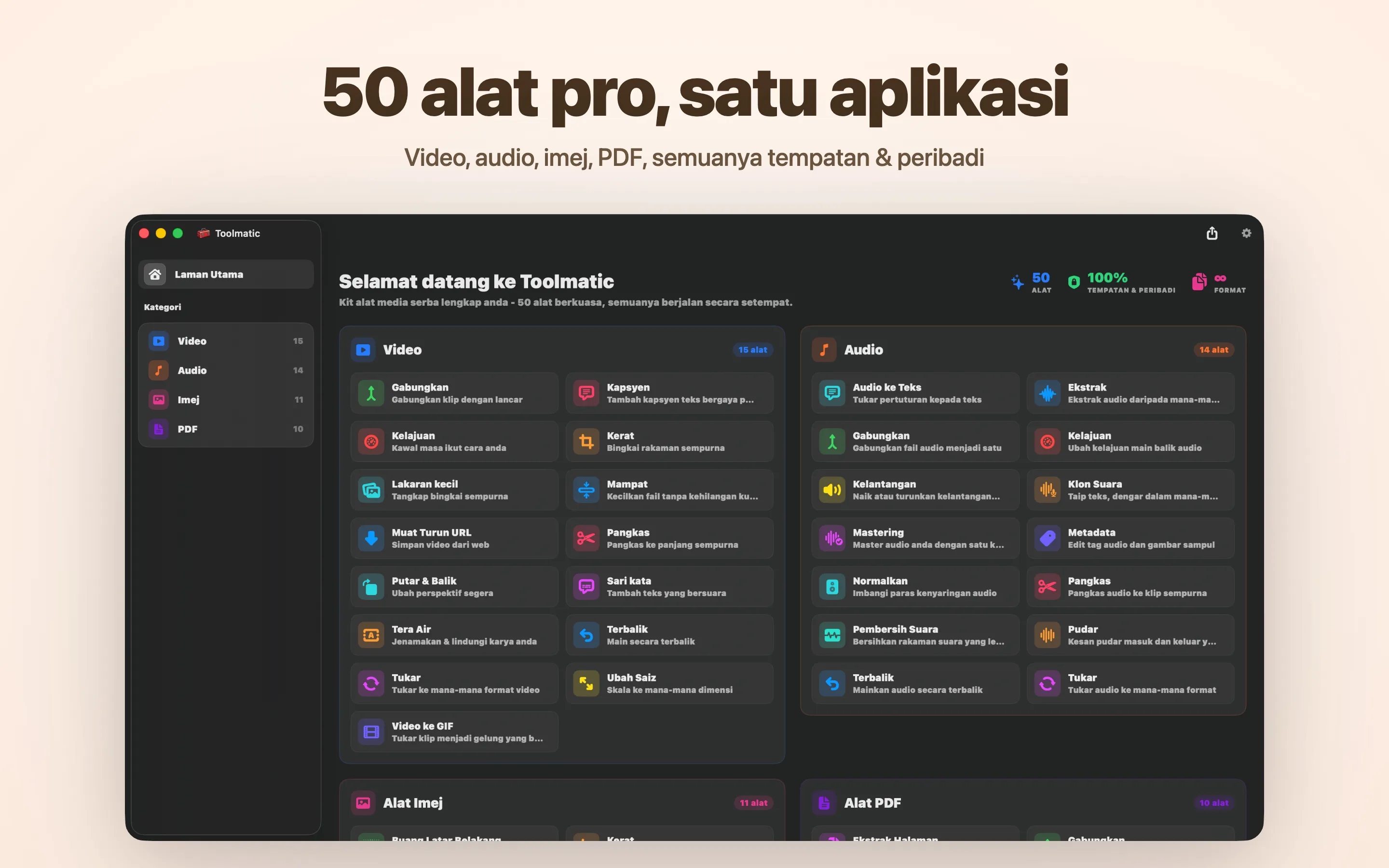 Tetingkap utama Toolmatic dengan katalog alat penuh