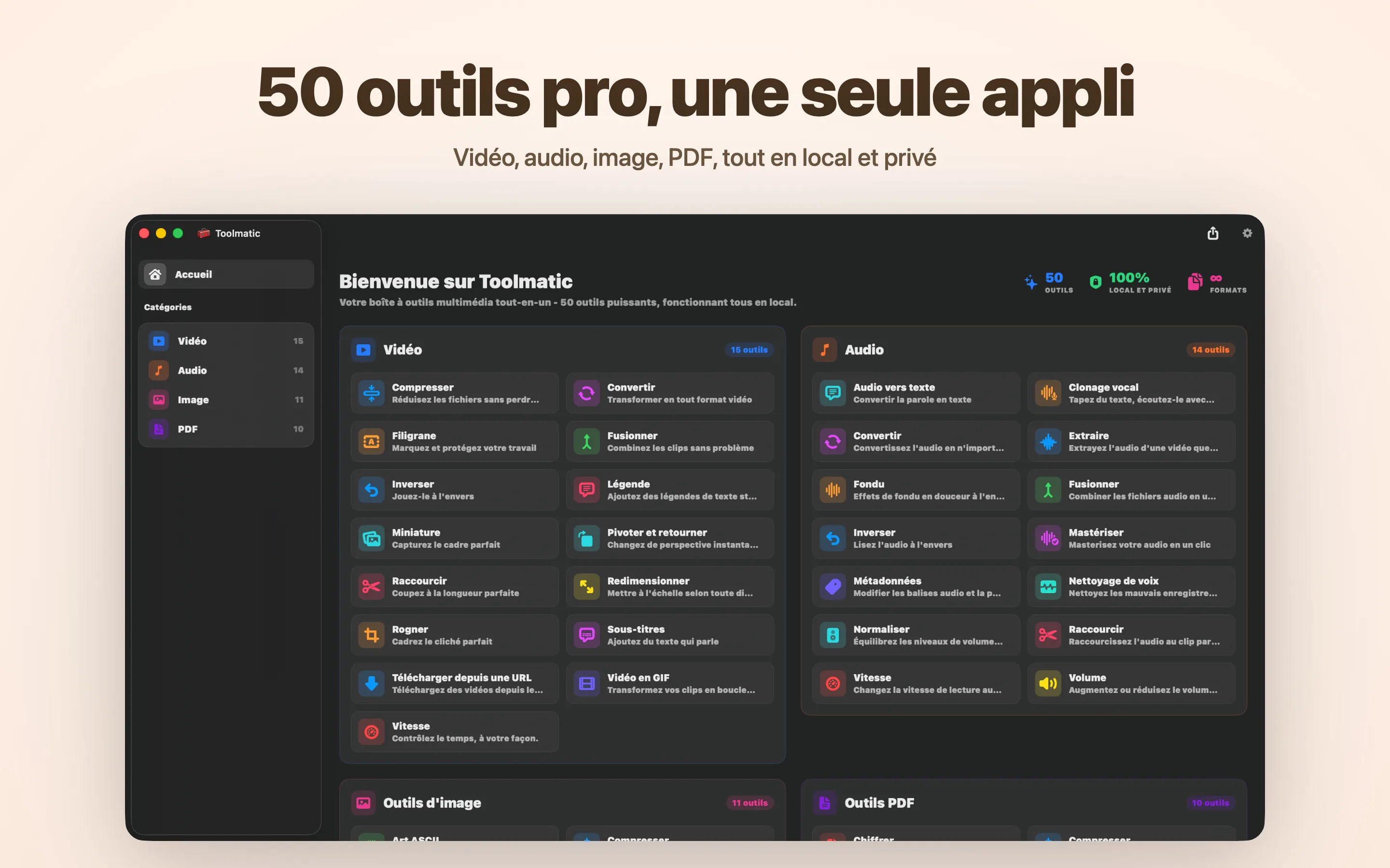 Fenêtre principale de Toolmatic avec le catalogue complet d'outils