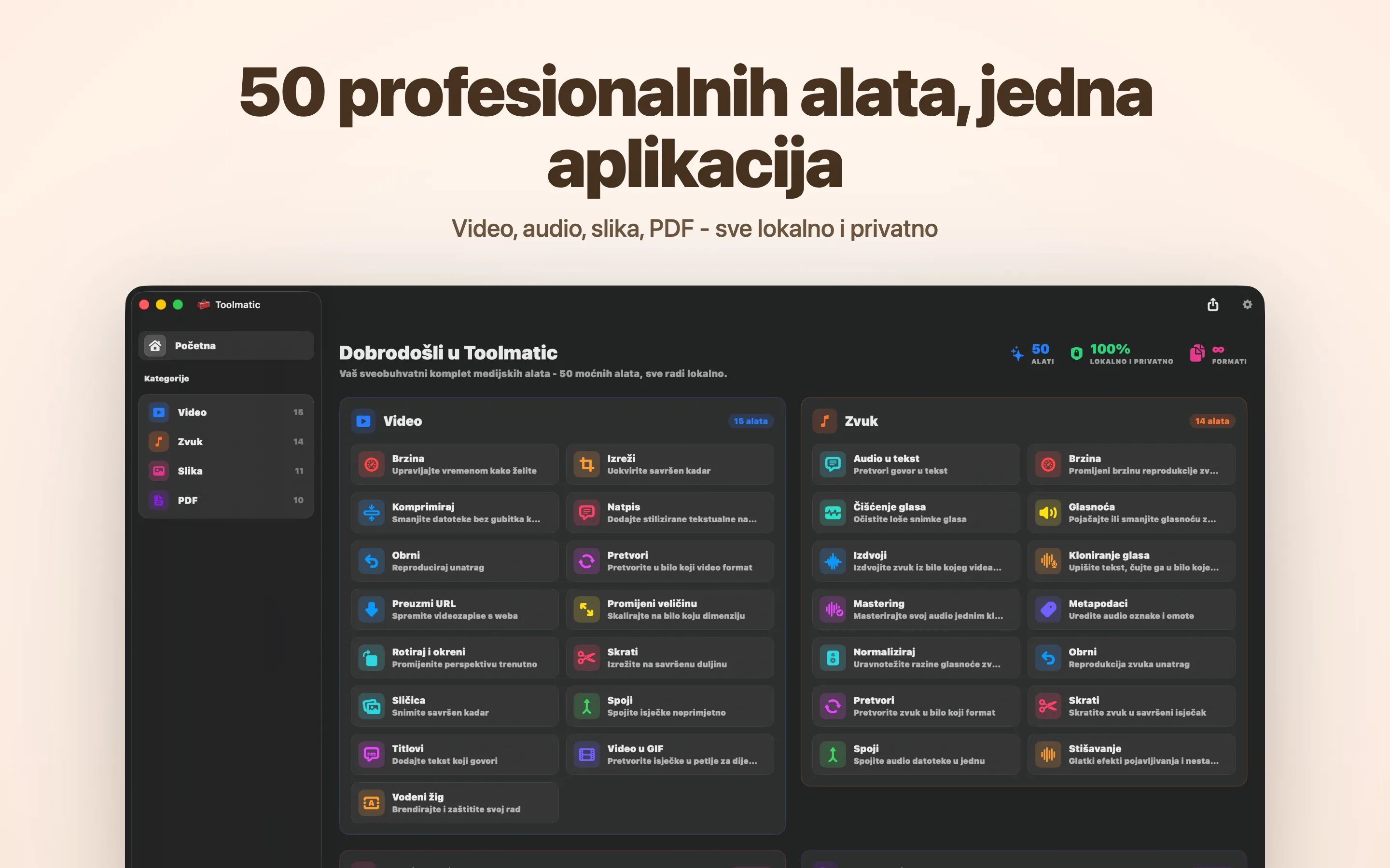 Glavni prozor Toolmatica s potpunim katalogom alata