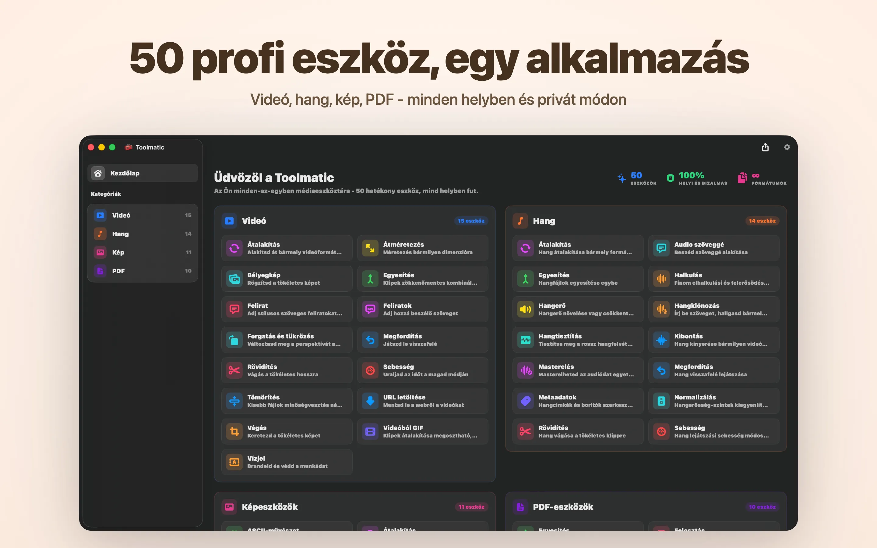 A Toolmatic főablaka a teljes eszközkatalógussal