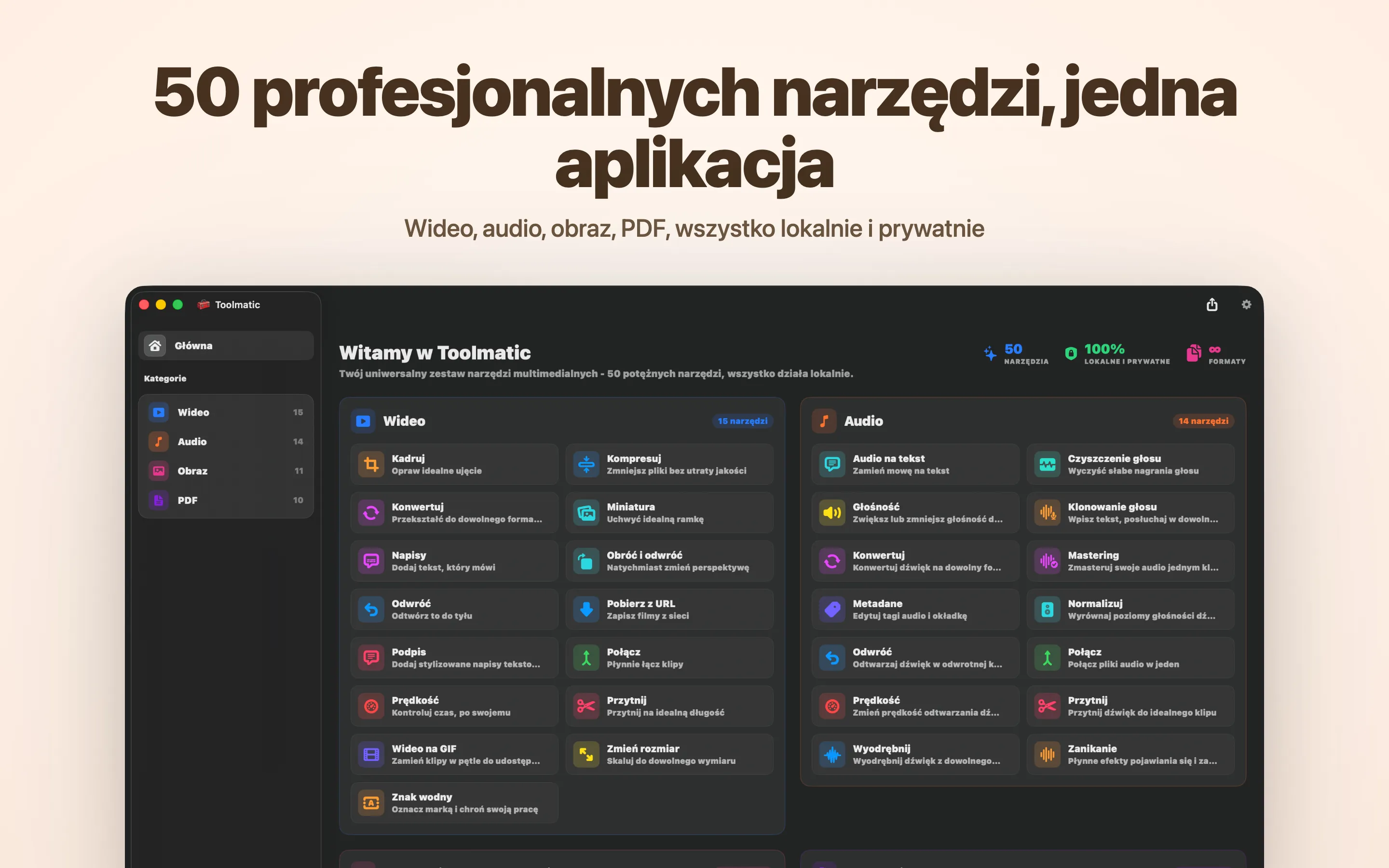 Główne okno Toolmatica z pełnym katalogiem narzędzi
