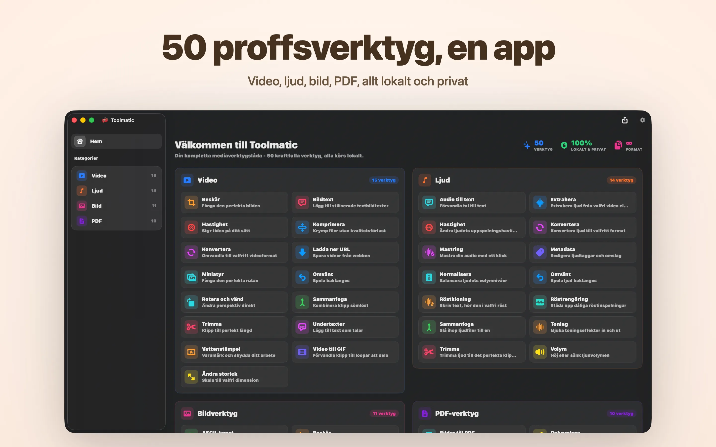 Toolmatics huvudfönster med hela verktygskatalogen