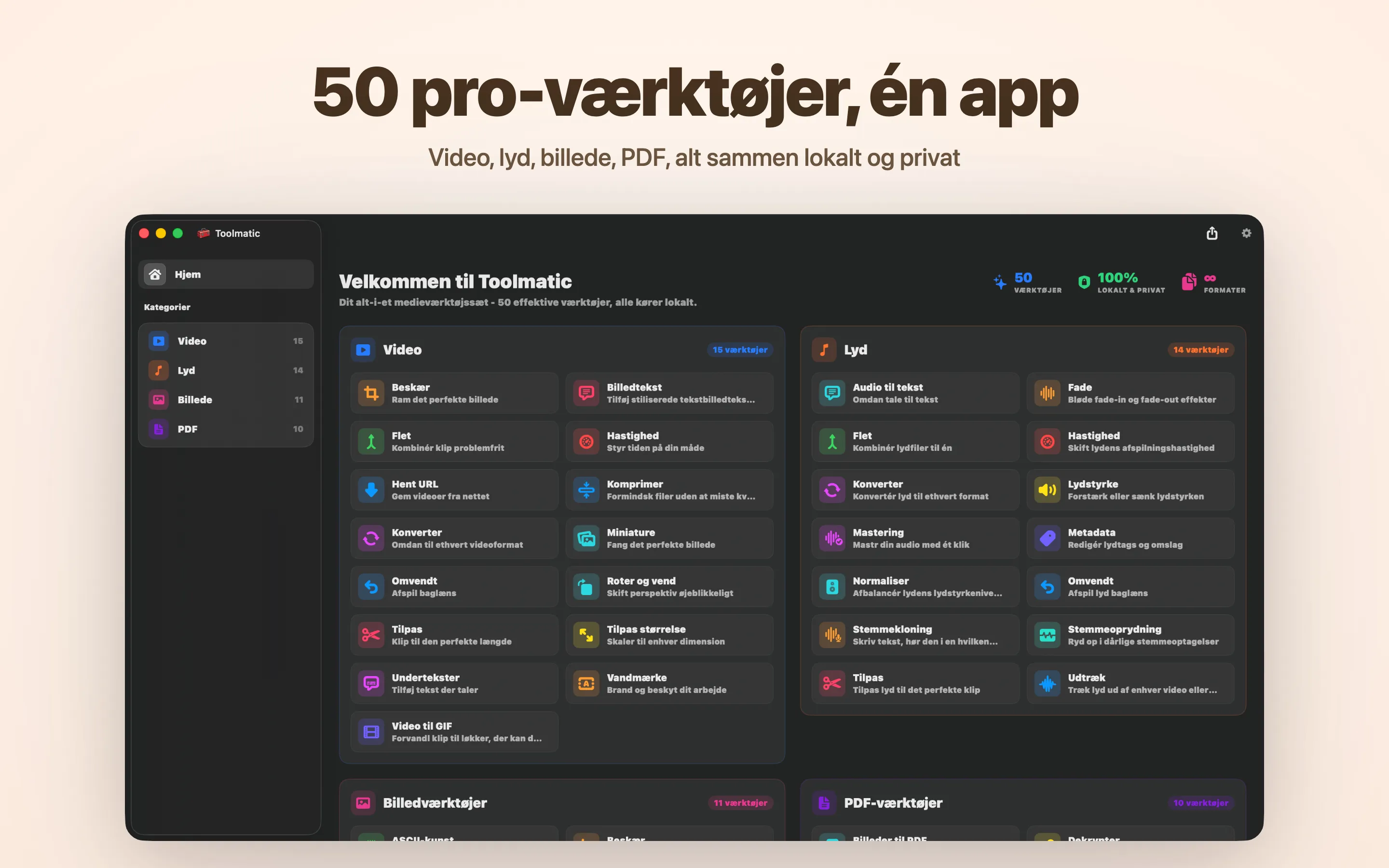 Toolmatics hovedvindue med det fulde værktøjskatalog