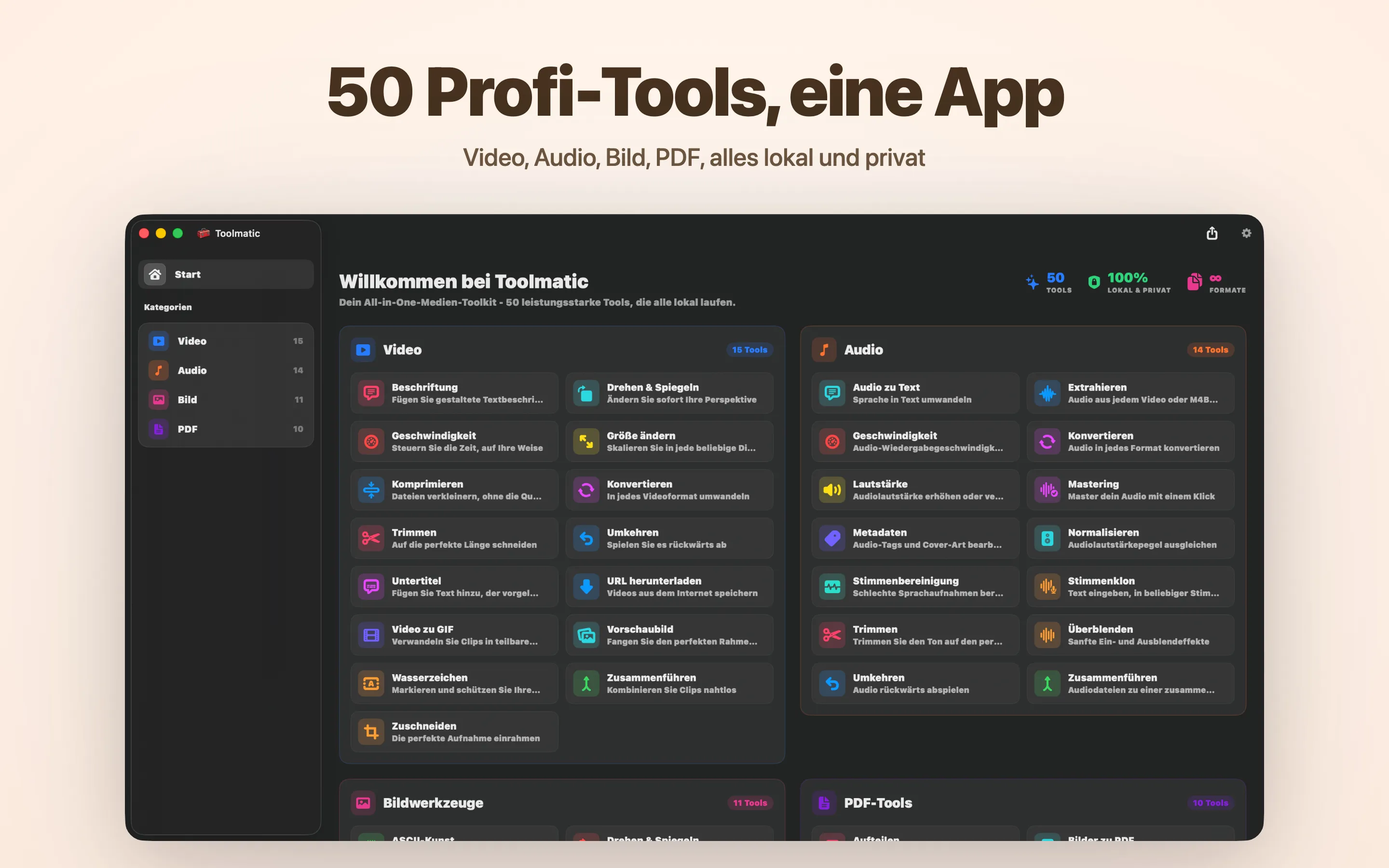 Toolmatic Hauptfenster mit dem kompletten Werkzeugkatalog