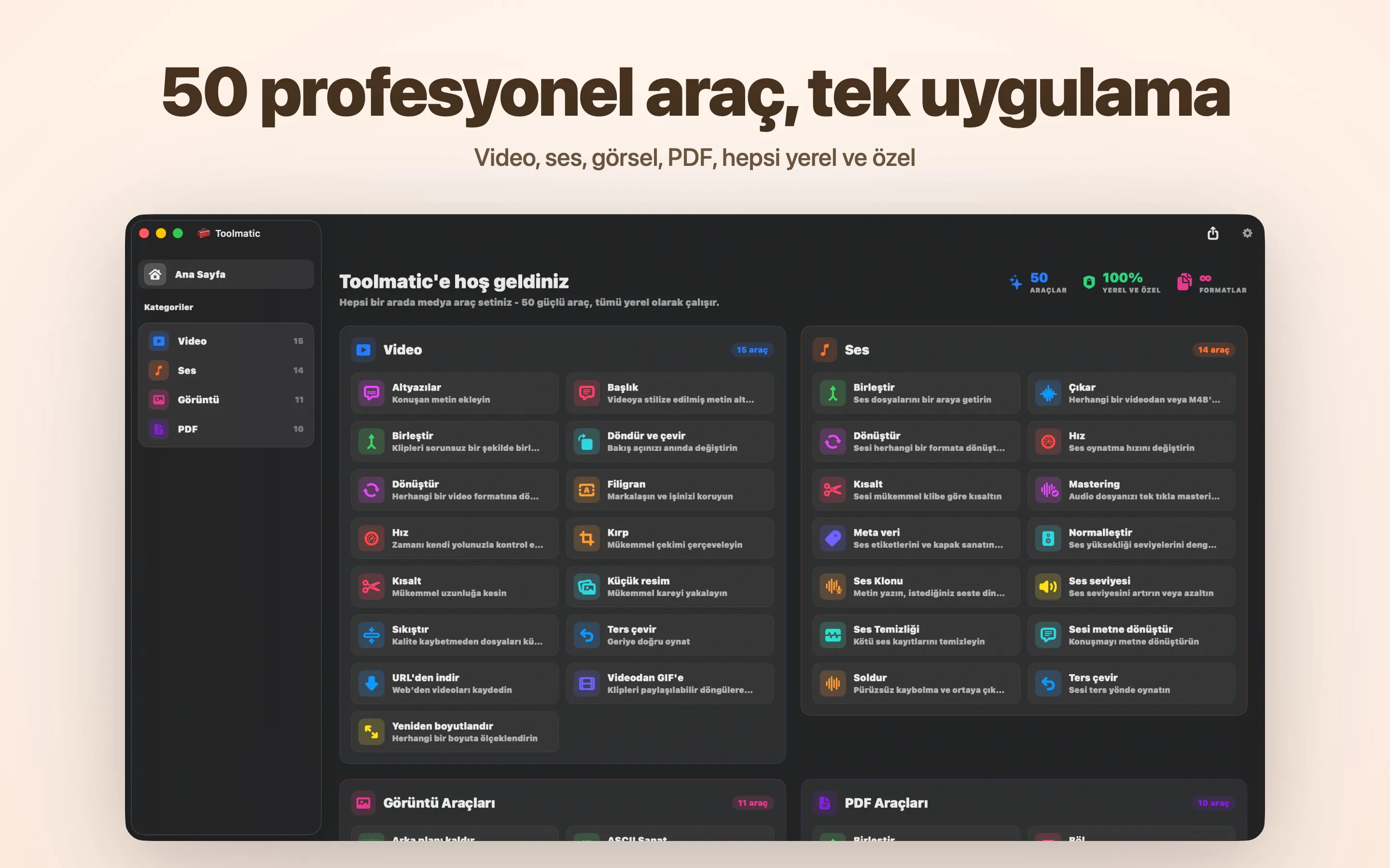 Tüm araç kataloğuyla Toolmatic ana penceresi