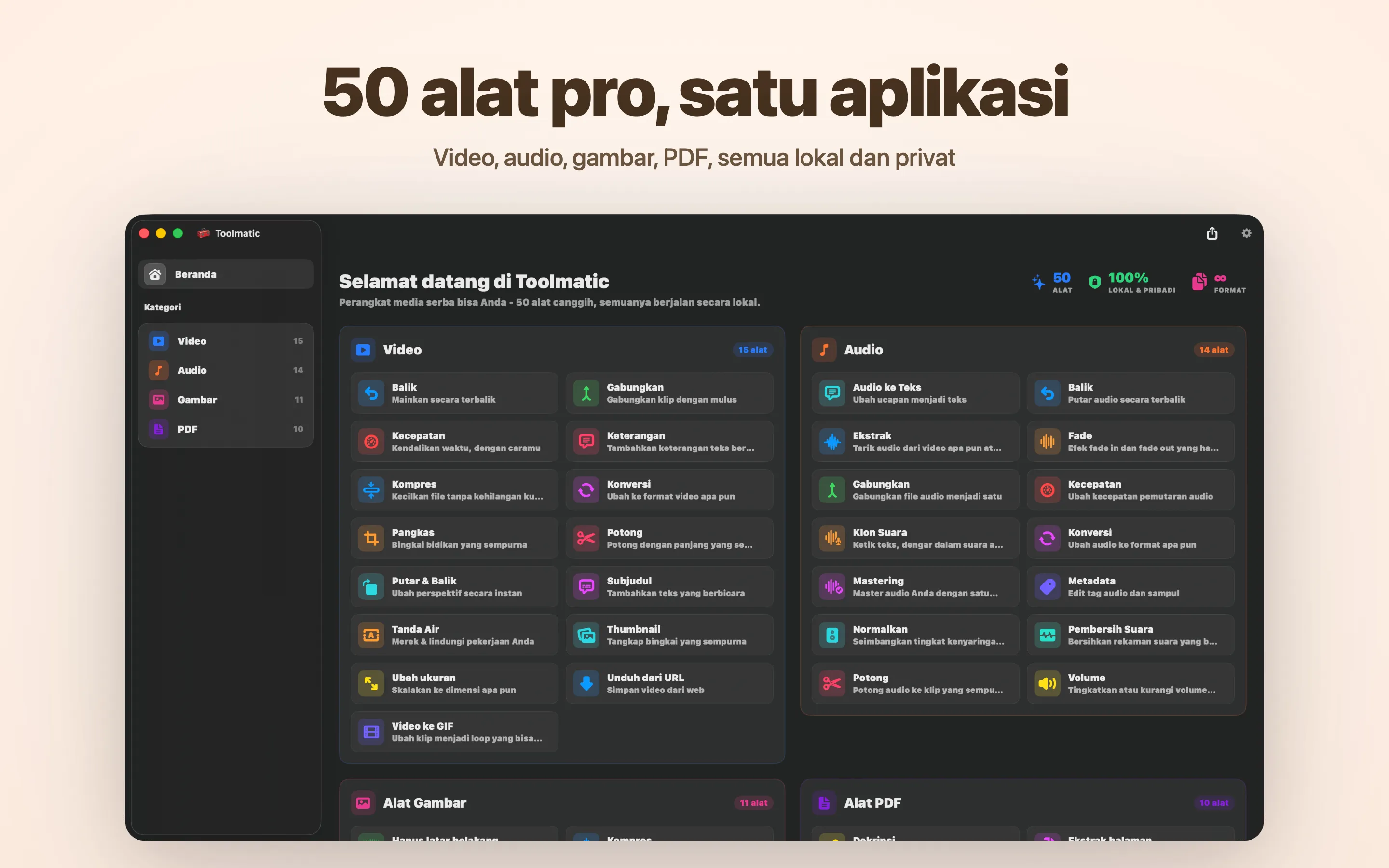 Jendela utama Toolmatic dengan katalog alat lengkap