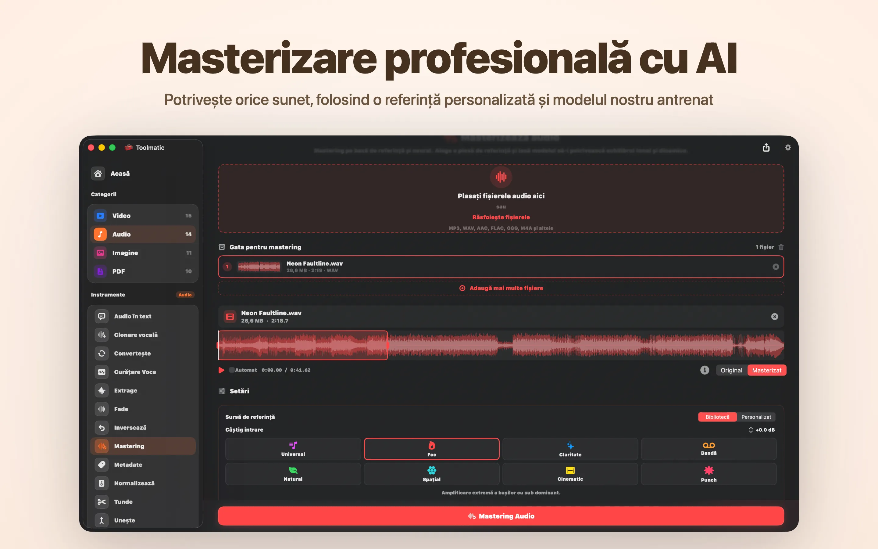 AI Mastering, opt presetări de studio