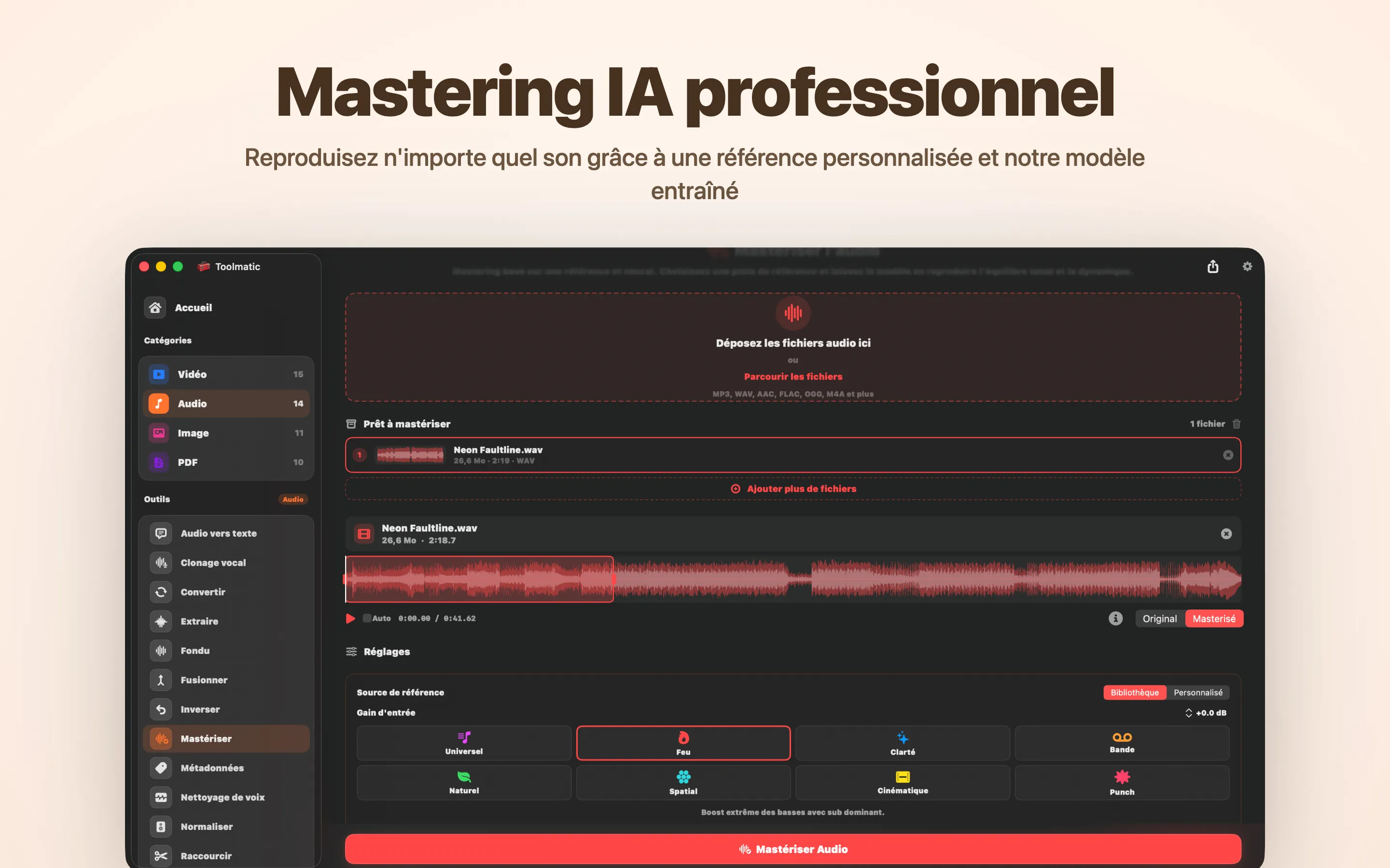 AI Mastering, huit préréglages studio