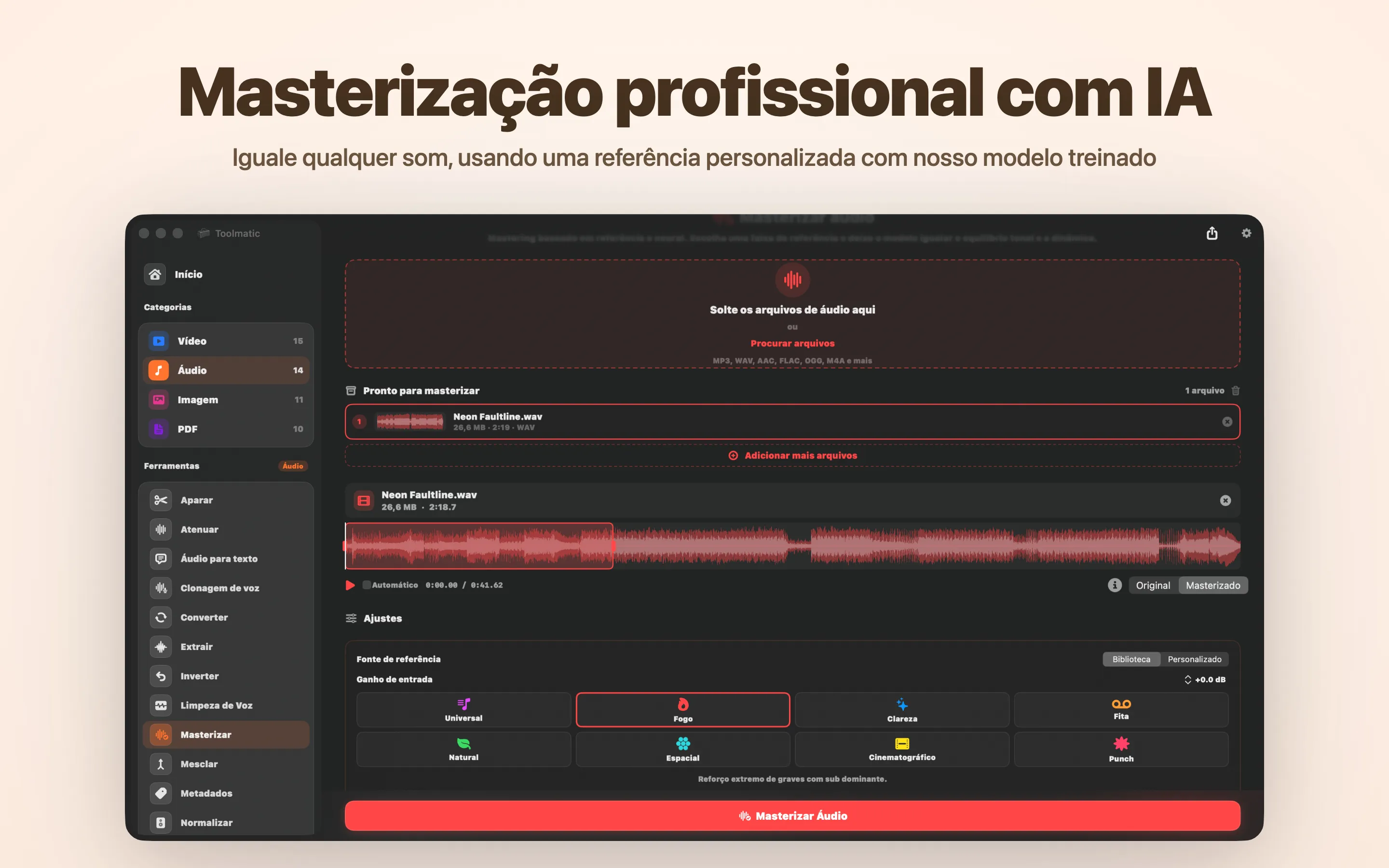 AI Mastering, oito presets de estúdio