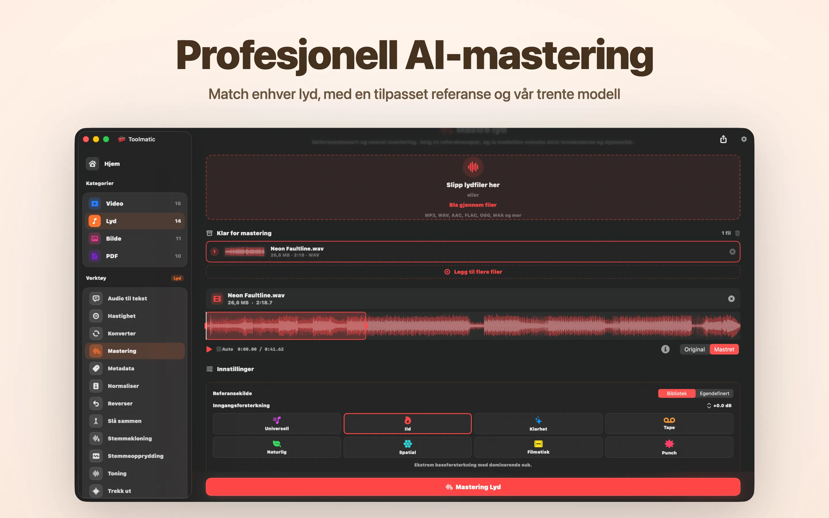 AI Mastering, åtte studio-forhåndsinnstillinger