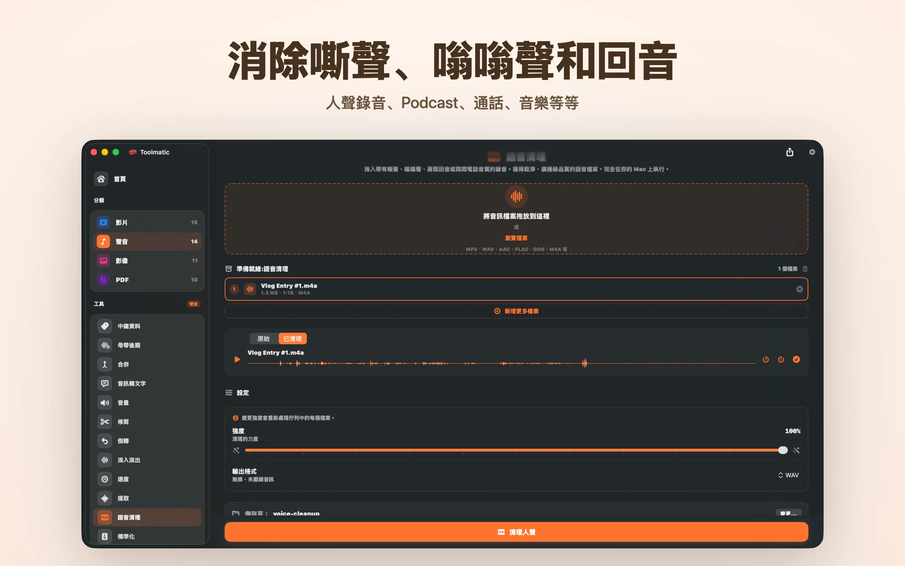 Voice Cleanup,嘶聲、嗡嗡聲、回音與削波一次清除