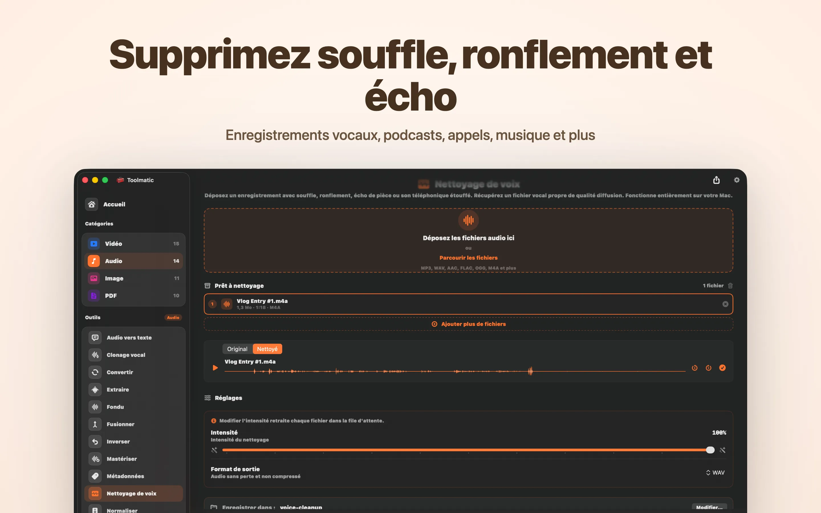 Voice Cleanup, souffle, ronflement, écho et écrêtage éliminés