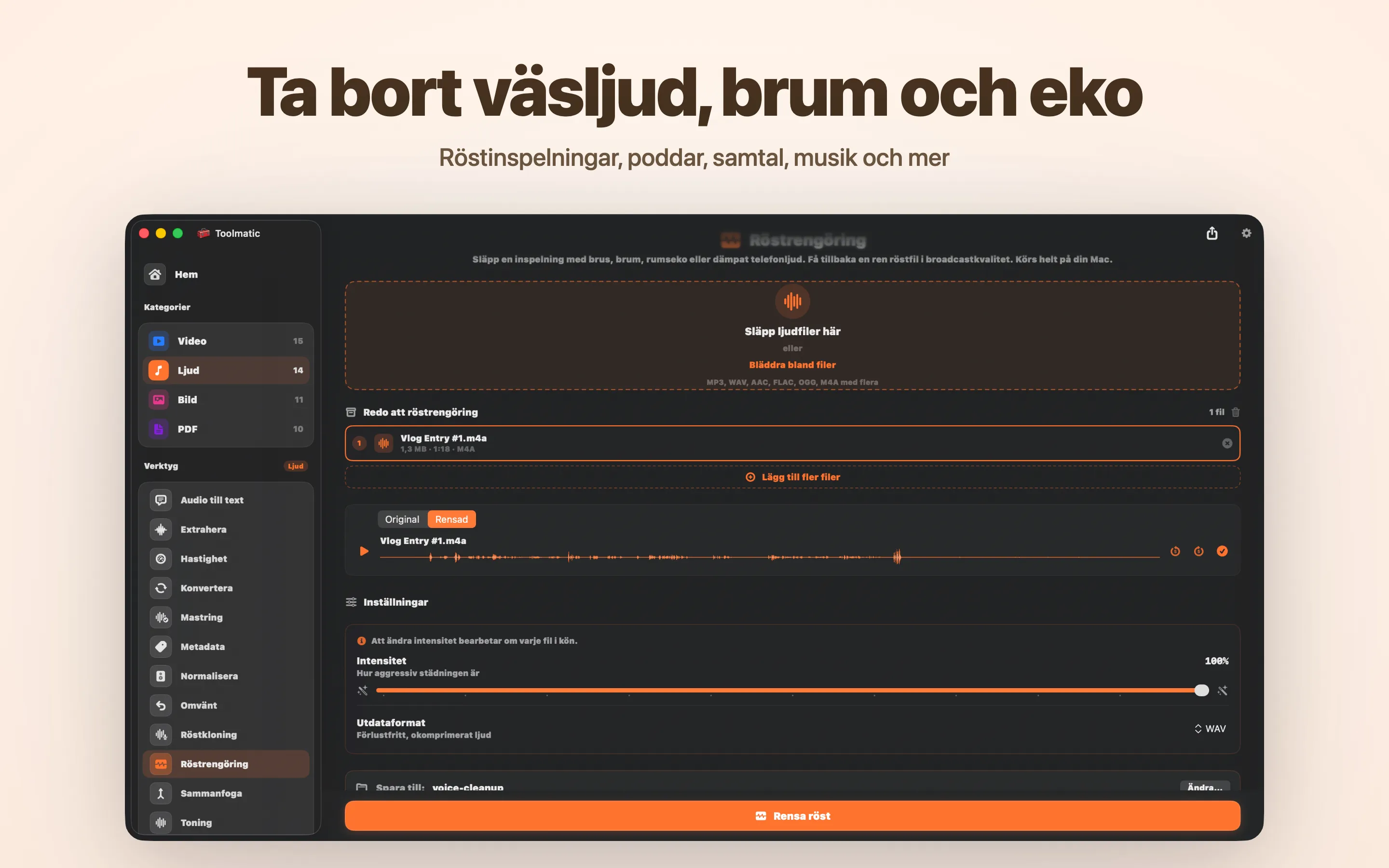 Voice Cleanup, brus, brum, eko och clipping borta