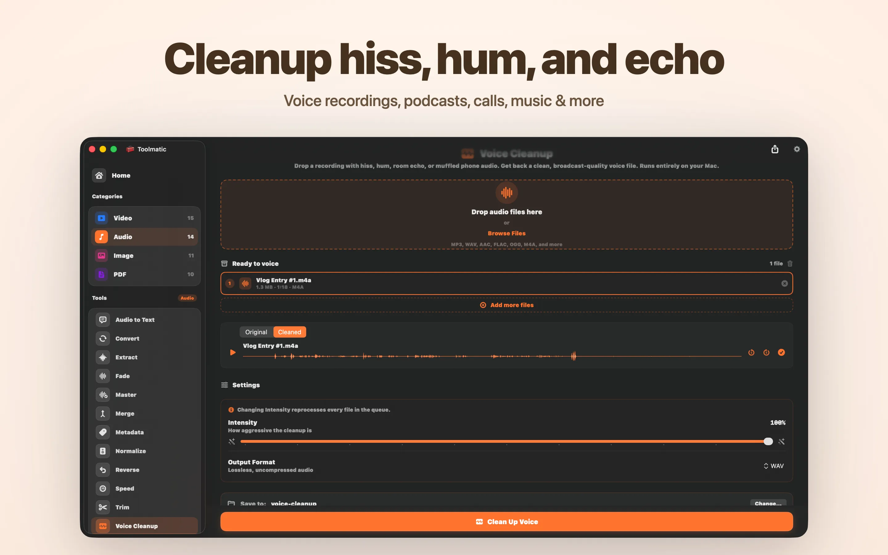 Voice Cleanup, hiss, hum, echo, and clipping gone