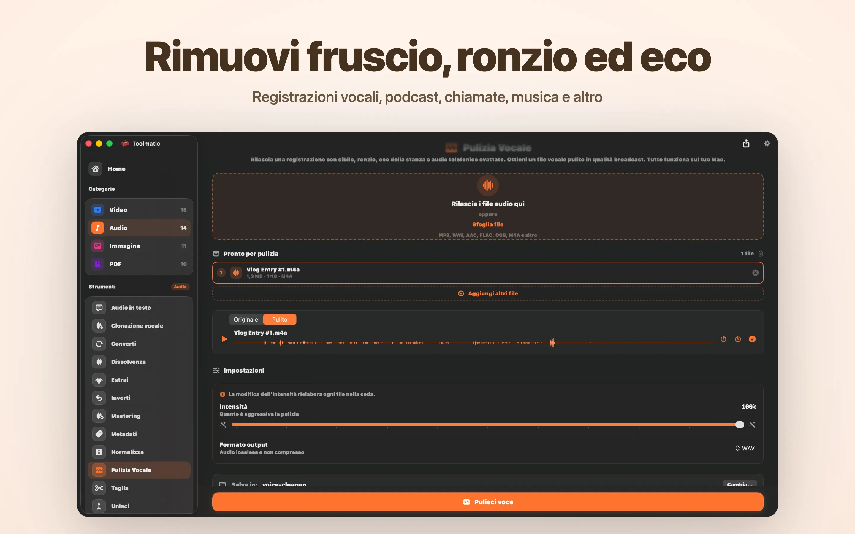 Voice Cleanup, fruscio, ronzio, eco e clipping eliminati