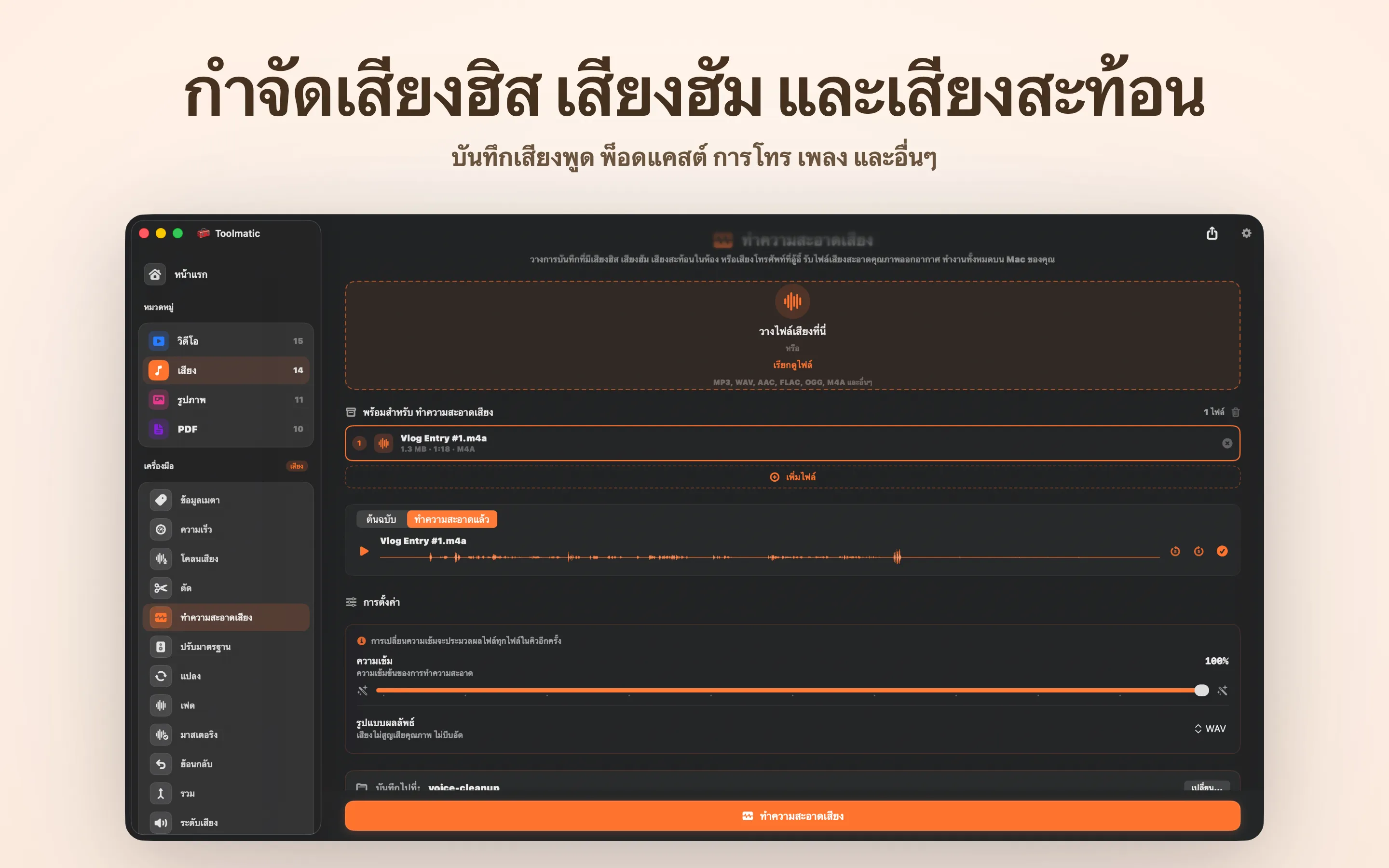 Voice Cleanup, ไม่มี hiss, hum, echo และ clipping