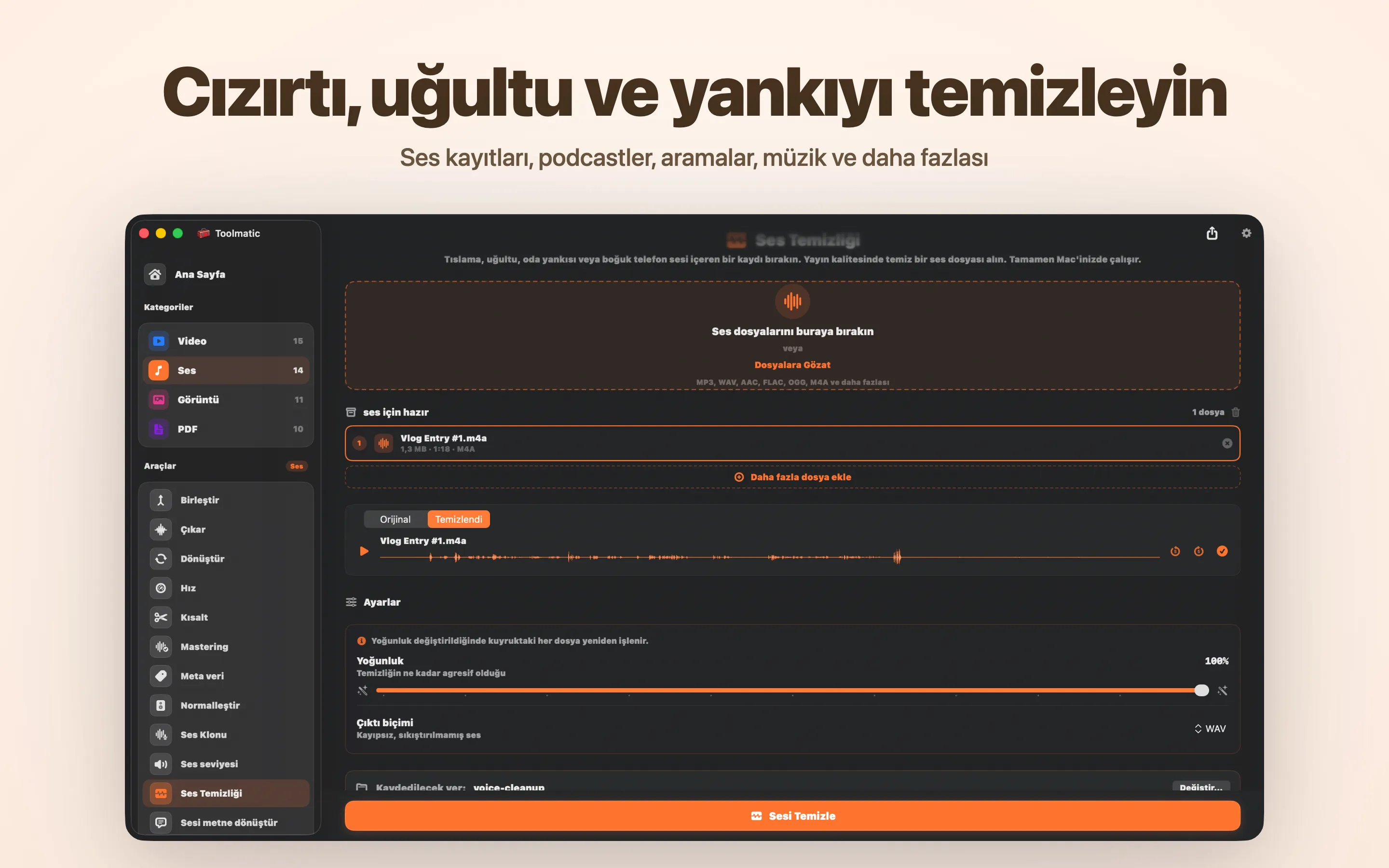 Voice Cleanup, hışırtı, uğultu, yankı ve clipping yok
