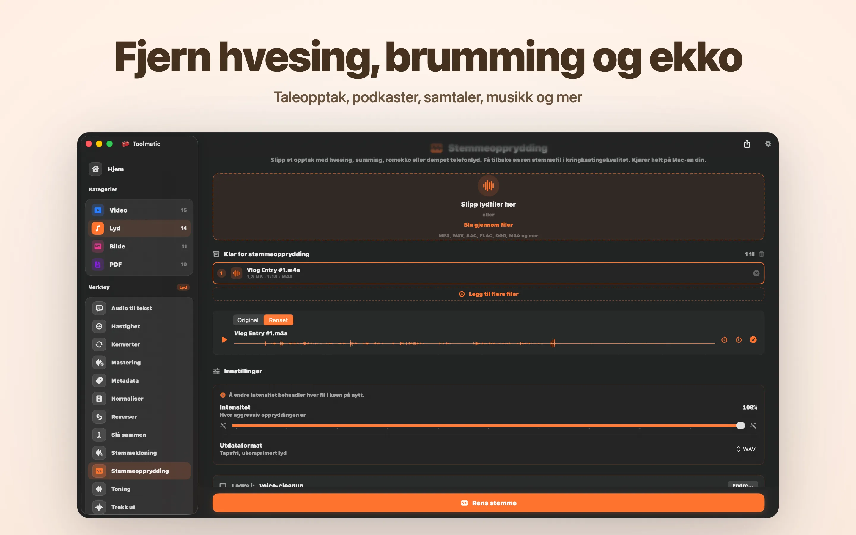 Voice Cleanup, hvesing, brumming, ekko og clipping borte