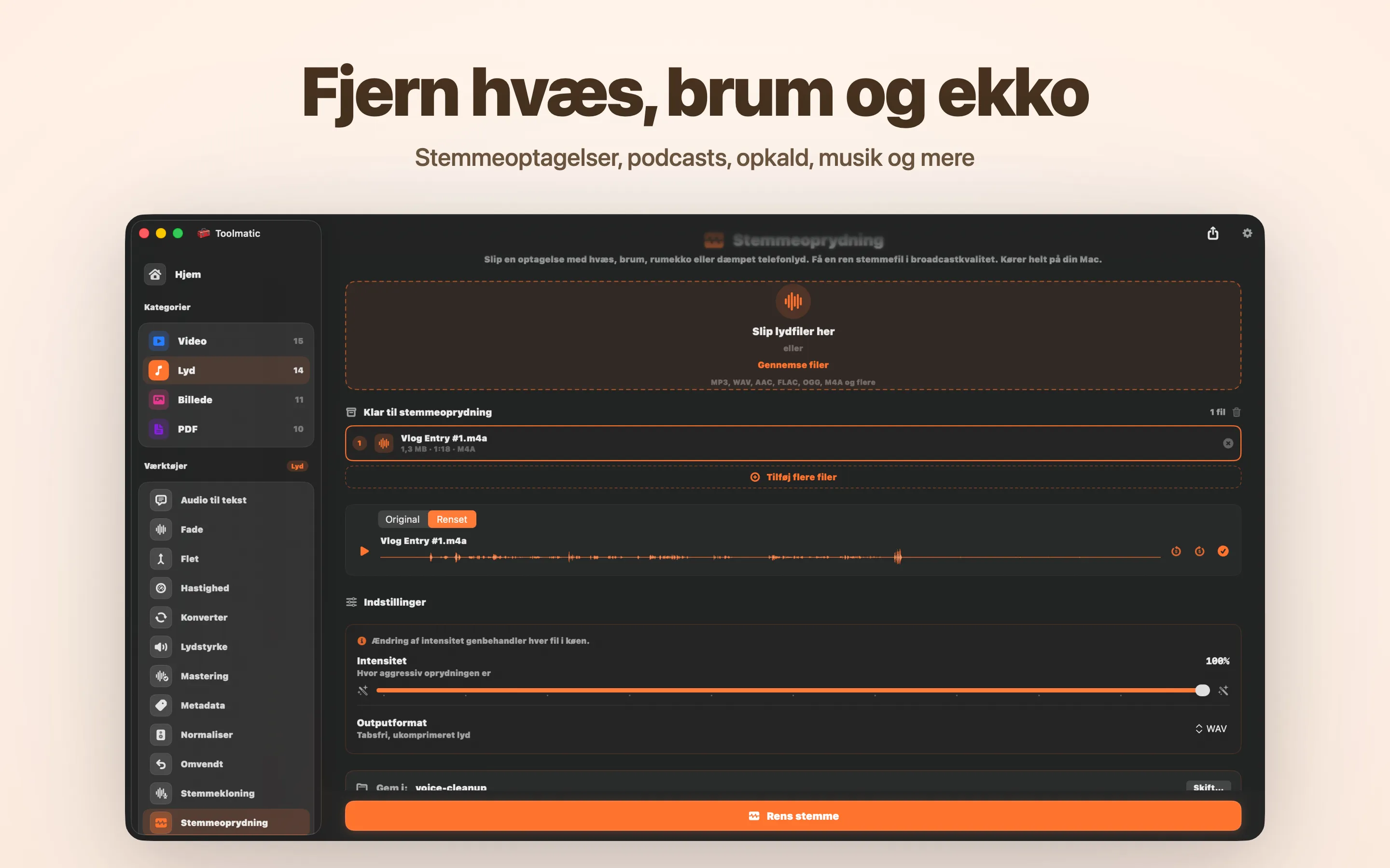 Voice Cleanup, hvæs, brum, ekko og clipping væk
