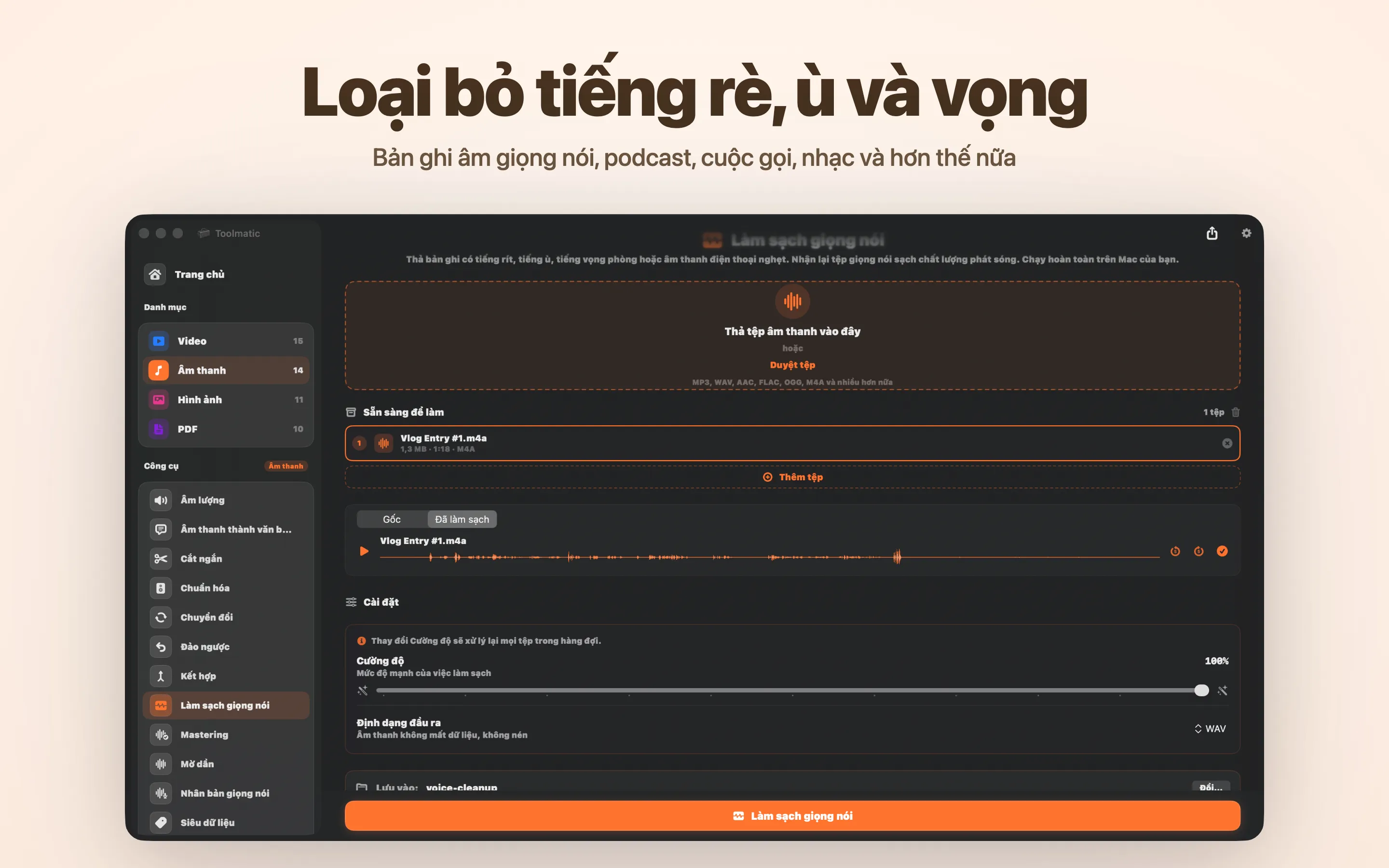 Voice Cleanup, hết hiss, hum, echo và clipping