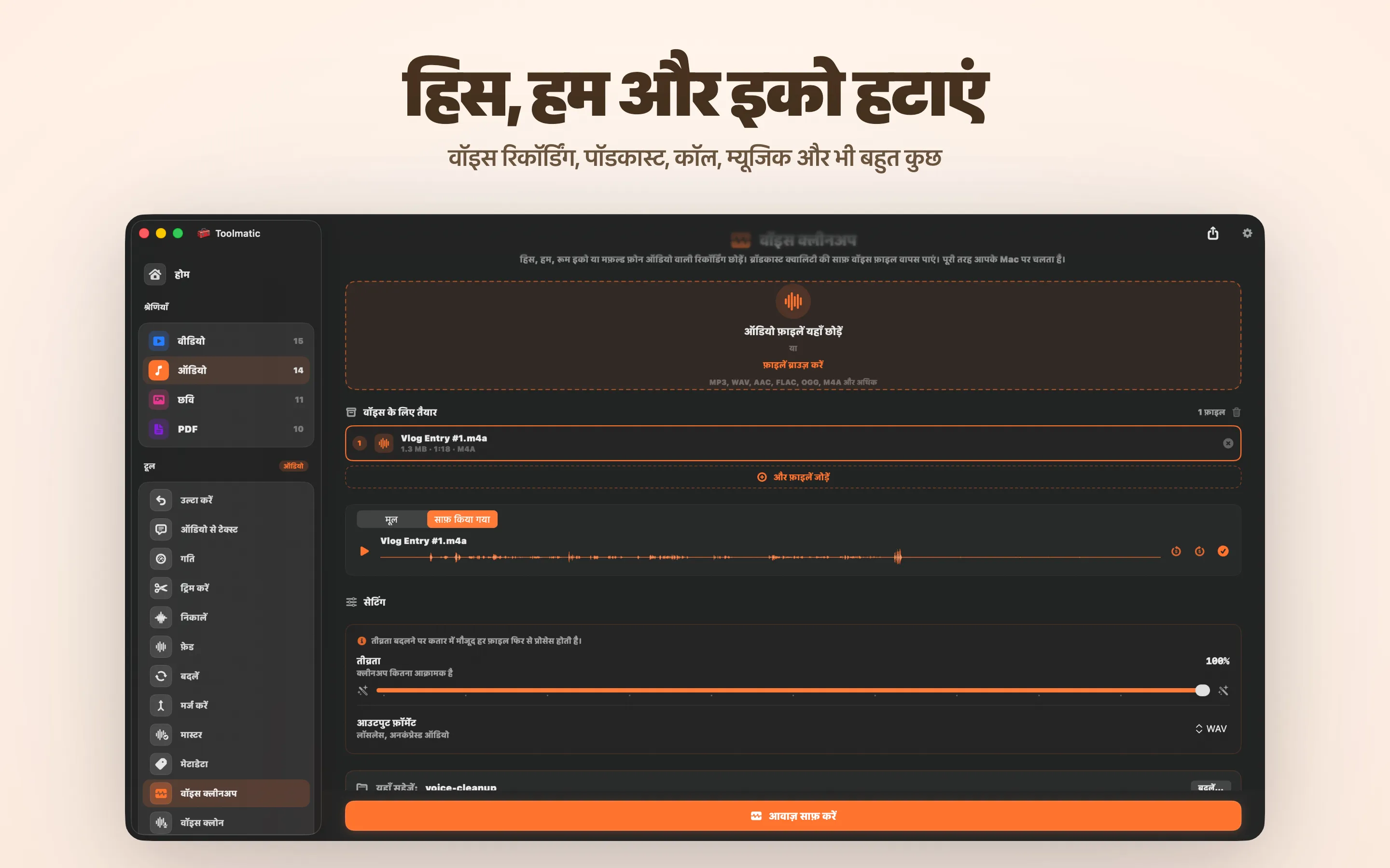Voice Cleanup, hiss, hum, echo और clipping ख़त्म