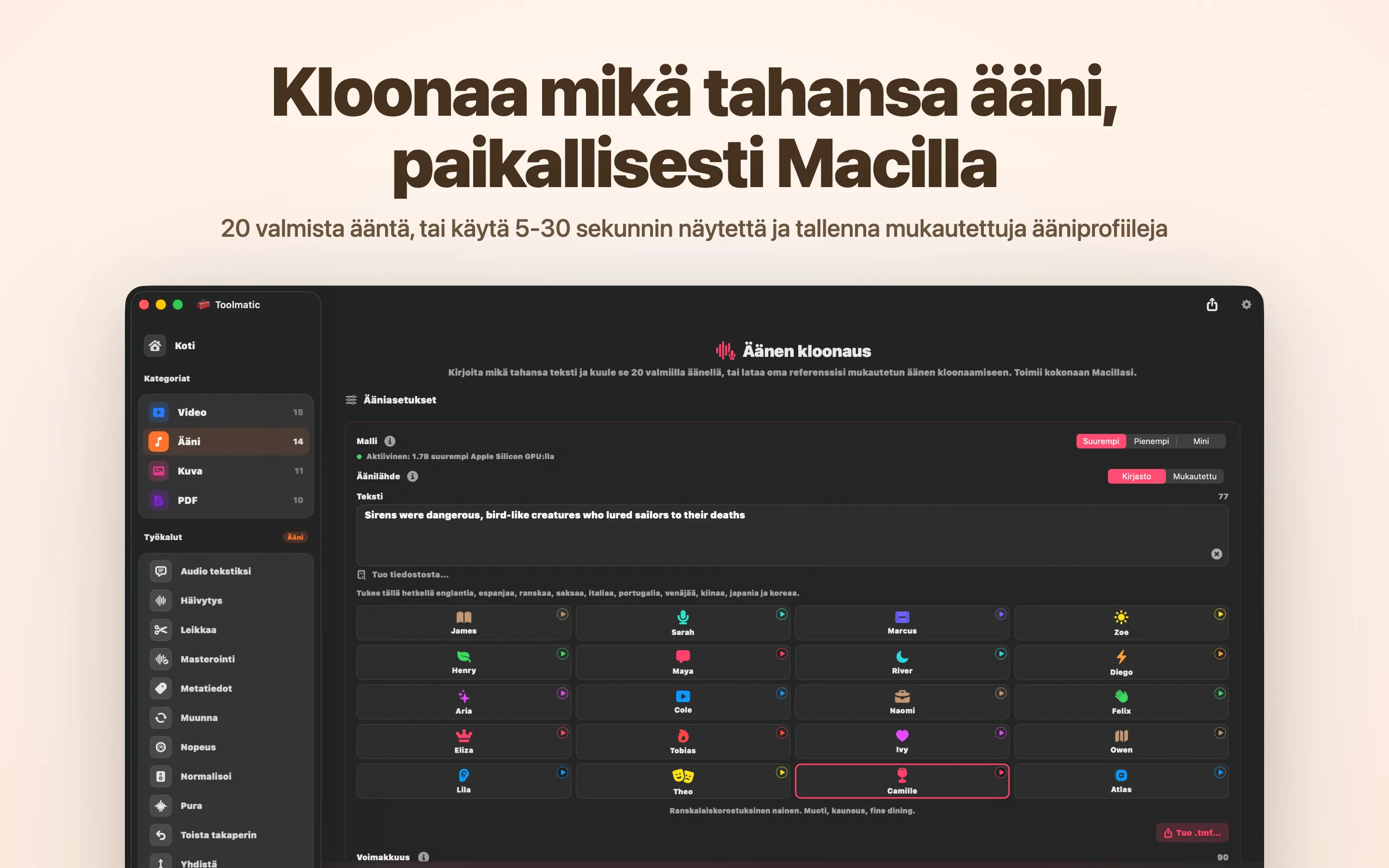Voice Clone, mukautettu ääni lyhyestä näytteestä