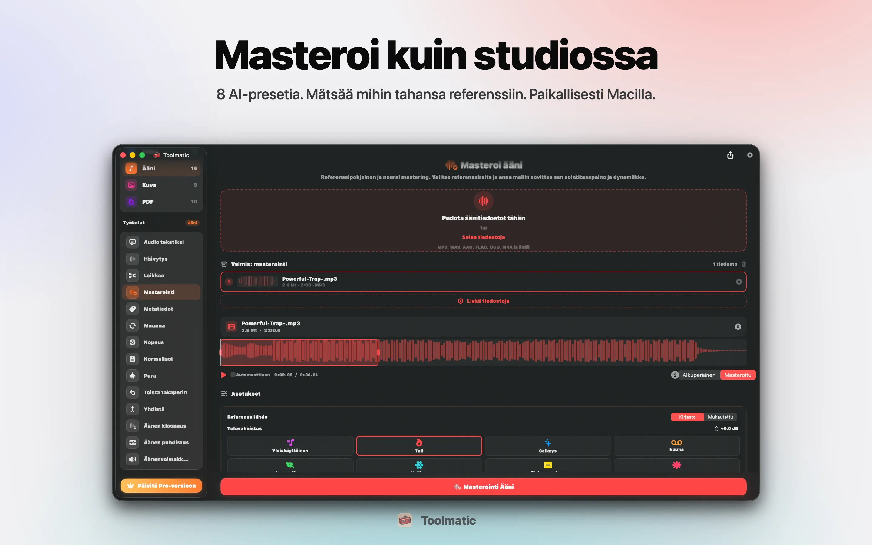 AI Mastering, kahdeksan studio-esiasetusta