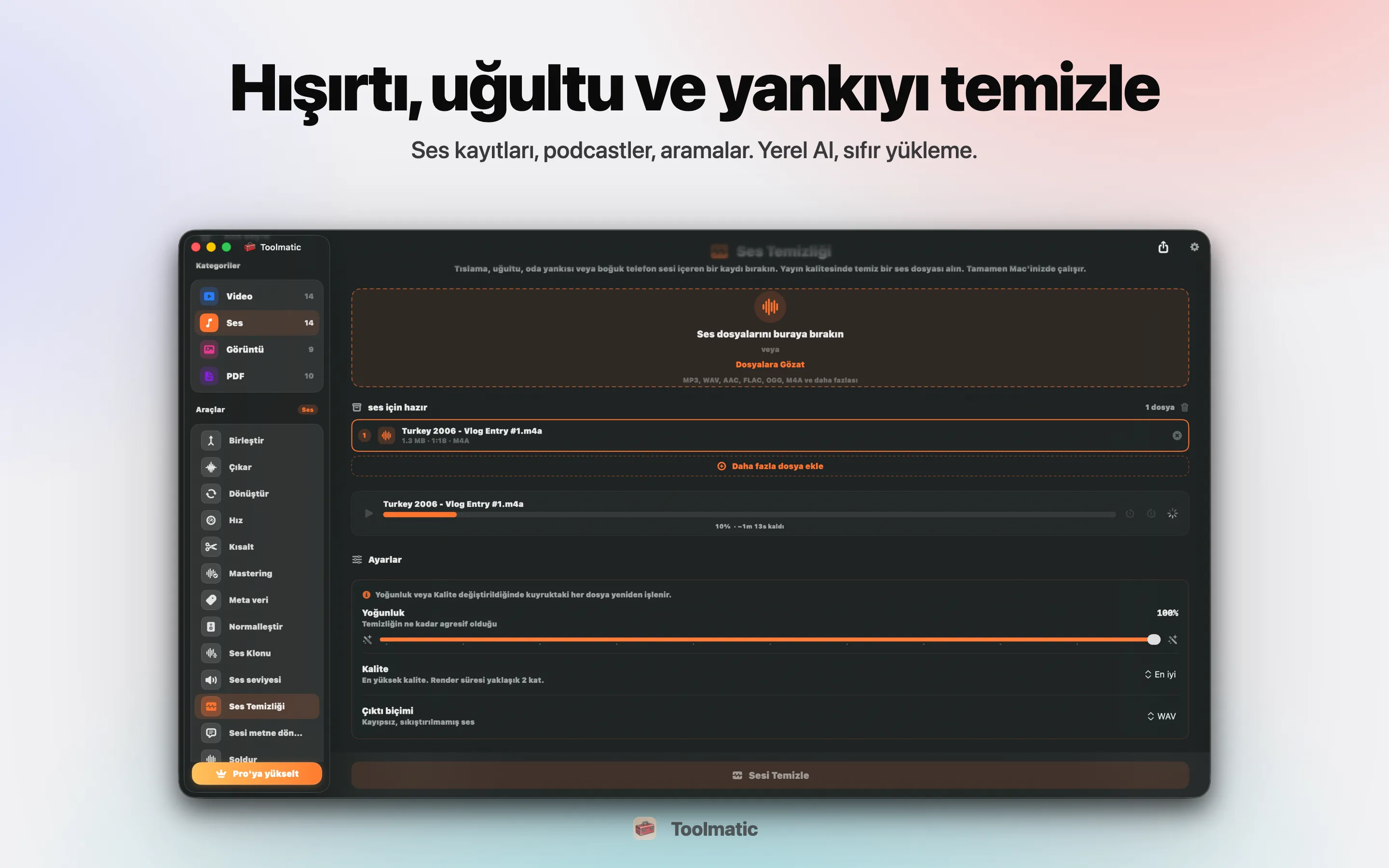 Voice Cleanup, hışırtı, uğultu, yankı ve clipping yok