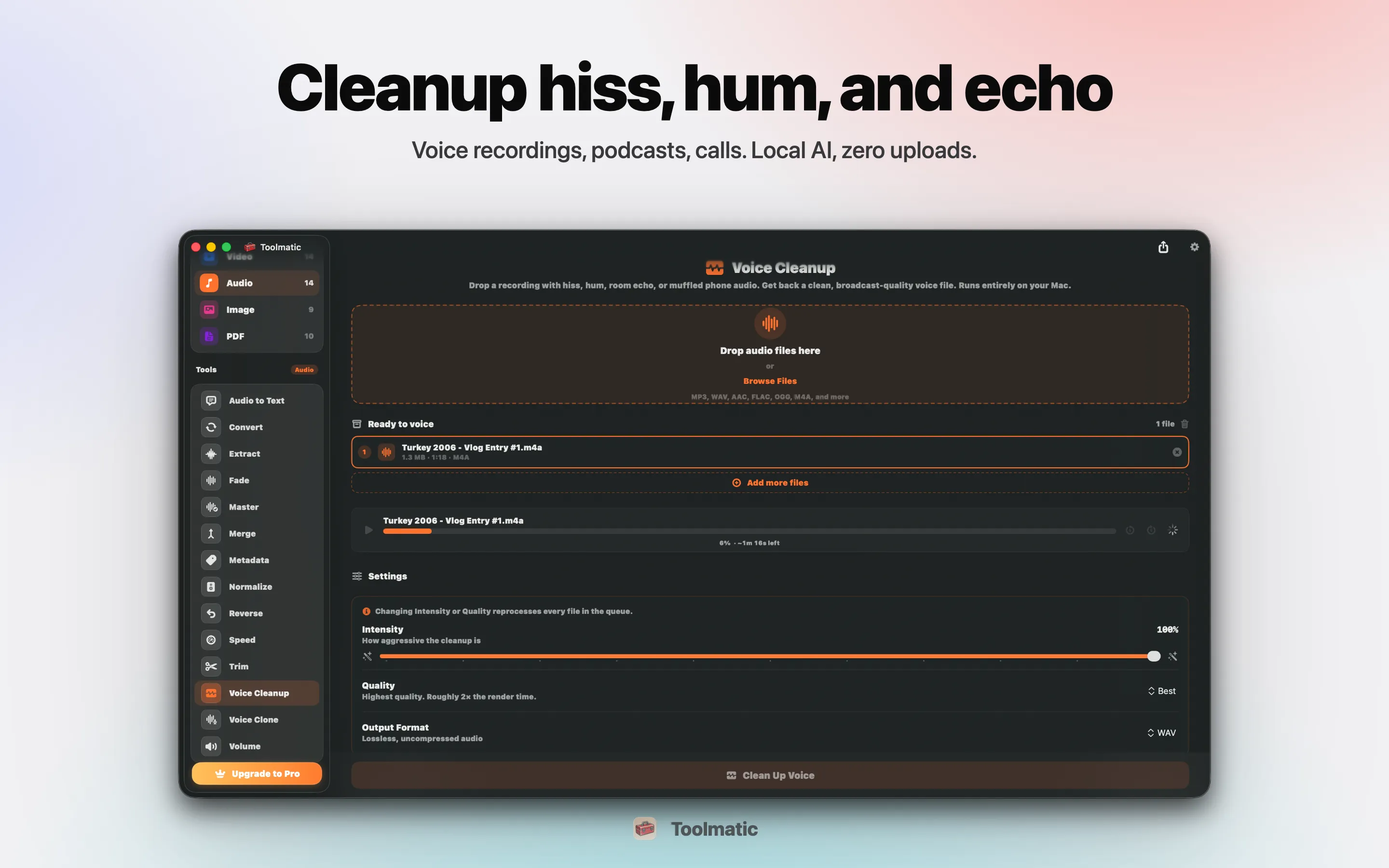 Voice Cleanup, hiss, hum, echo, and clipping gone