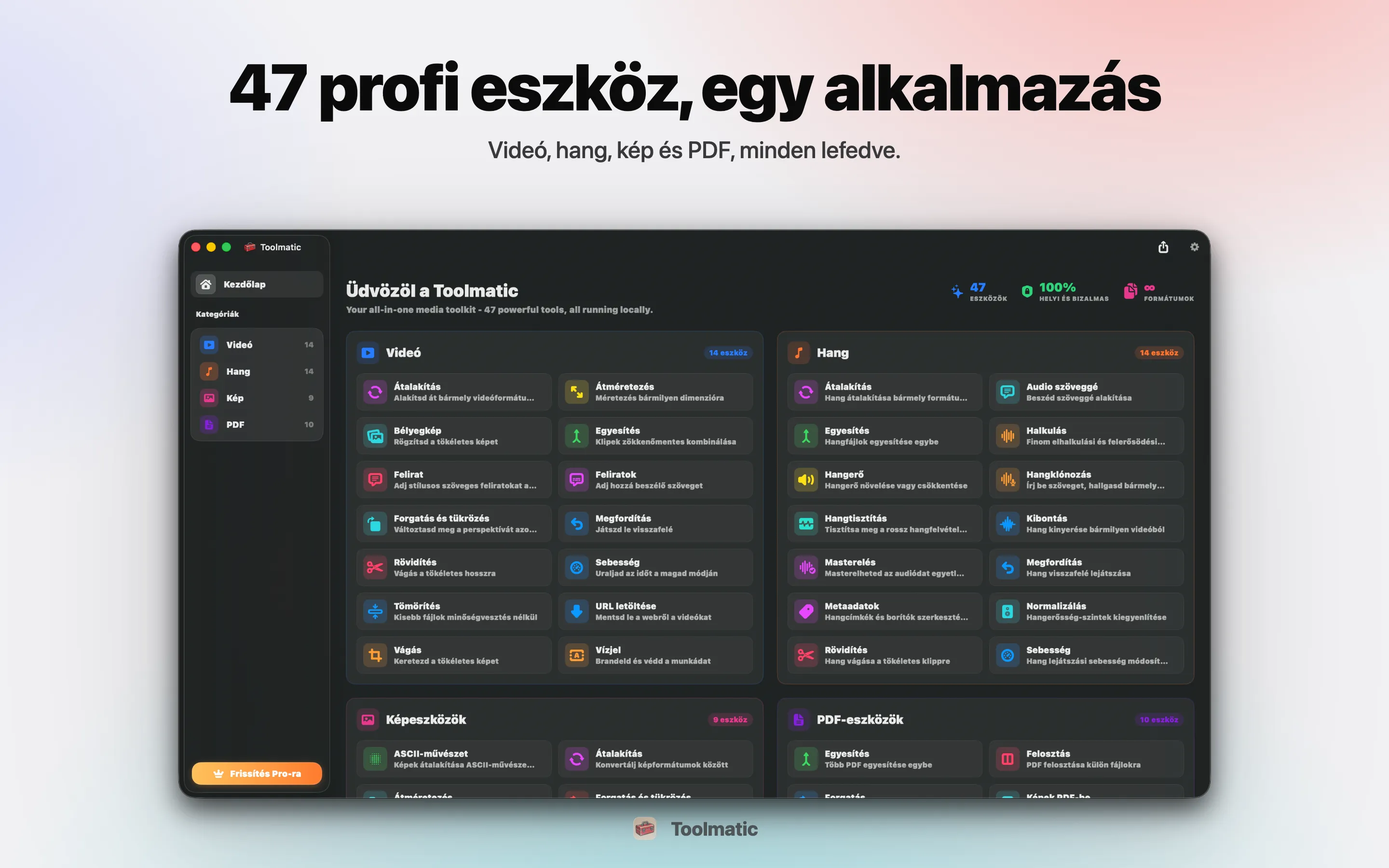 [ TERMÉK, a Toolmatic főablaka macOS Sonoman, 2560x1440 ]