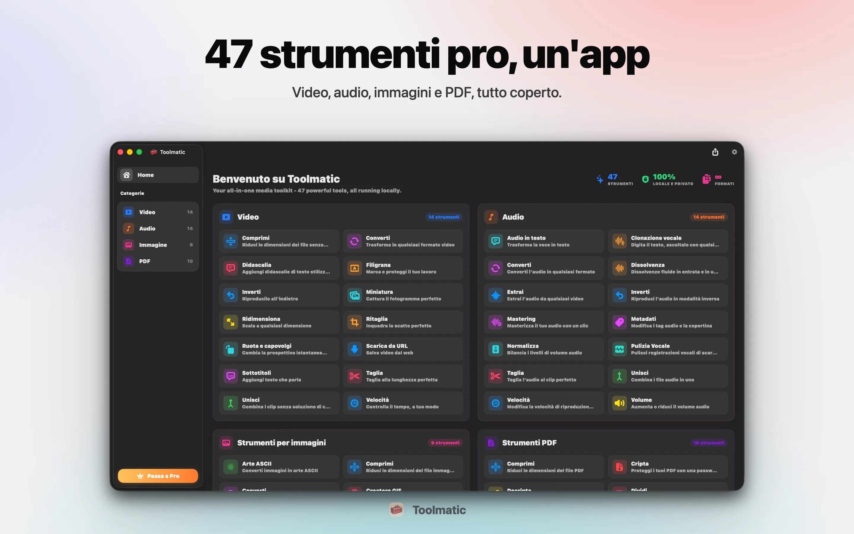 [ PRODUCT SHOT, finestra principale di Toolmatic su macOS Sonoma, 2560x1440 ]